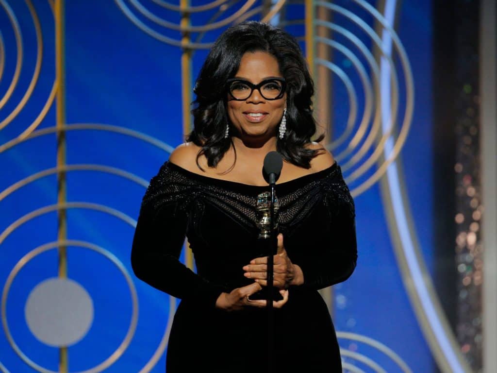 BEVERLY HILLS, CA - JANUARY 07:  In this handout photo provided by NBCUniversal, Oprah Winfrey accepts the 2018 Cecil B. DeMille Award   speaks onstage during the 75th Annual Golden Globe Awards at The Beverly Hilton Hotel on January 7, 2018 in Beverly Hills, California.  (Photo by Paul Drinkwater/NBCUniversal via Getty Images)