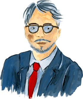 a drawing of a man with glasses and a red tie.