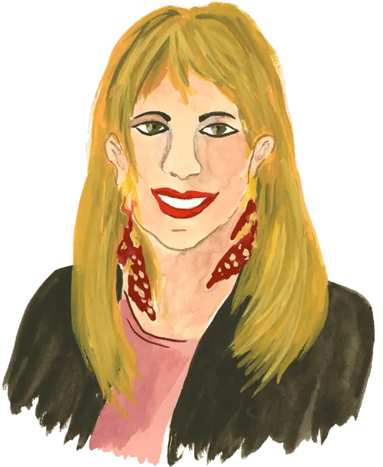 a drawing of a woman with long blonde hair.