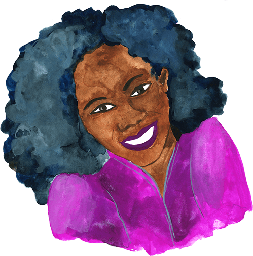 a drawing of a black woman with blue hair.