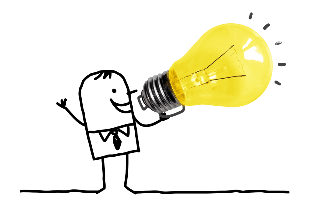 a drawing of a man holding a light bulb.