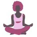 Illustrated black woman with magenta hair in lotus yoga position to represent being present