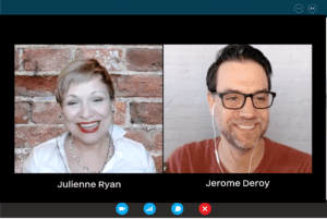 Julienne Ryan and Jerome Deroy, side by side in a video call recording the Story Talks podcast episode