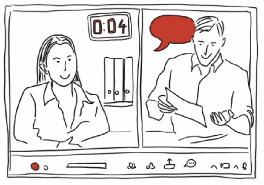 Illustrated video call screen on computer, woman on the left side of screen, man on the right side of screen