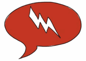 Red illustrated conversation bubble with white lightening bolt in it meant to represent the idea of telling or conversing 