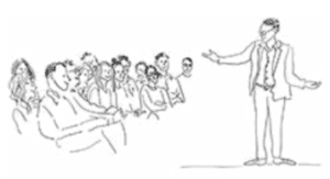 Illustration of man presenting to an audience to represent knowledge transfer through storytelling
