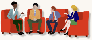illustration of 4 business people talking in four individual plush red chairs
