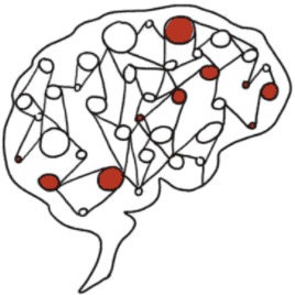 a drawing of a brain with red dots.