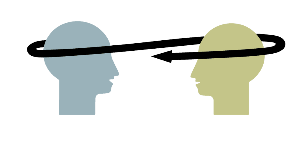 2 illustrated heads facing each other with an arrow swooping around and connecting them to represent connection and the reciprocal relationship between listening and telling