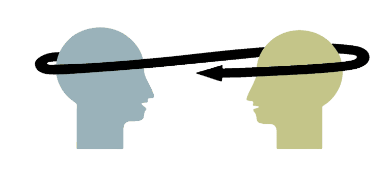 two heads facing each other with an arrow in the middle.
