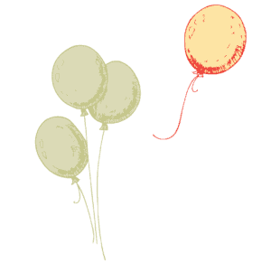 3 green balloons to the left and one yellow balloon to the right that is floating away