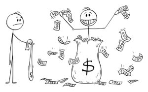 Vector cartoon stick figure drawing conceptual illustration of man,politician or businessman throwing away money from bag and competitor is holding empty bag.