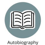 Open book, black and white illustration encased in a blue circle with the word "autobiography" underneath