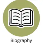 Open book, black and white illustration encased in a green circle with the word "biography" underneath
