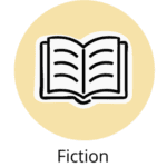 Open book, black and white illustration encased in a mustard-color circle with the word "fiction" underneath