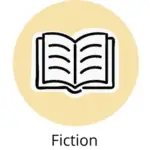 Open book, black and white illustration encased in a mustard-color circle with the word "fiction" underneath