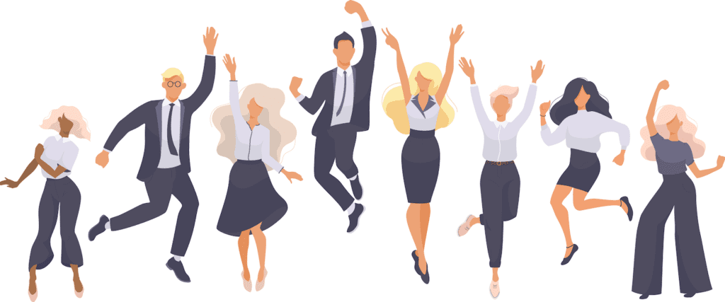 Eight illustrated business people in a line jumping and cheering enthusiastically