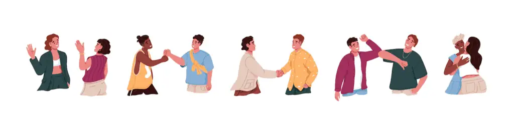 Illustrated employee team members high-fiving, fist bumping elbow bumping