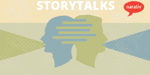 Image of two illustrated talking heads back-to-back connected to symbolize storytelling and listening. The title "Storytalks" is written ablove