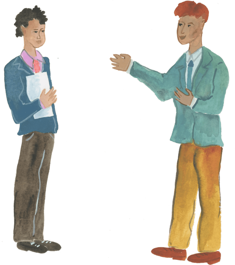 a drawing of two people talking to each other.