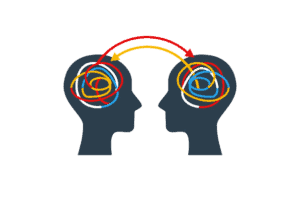 Human heads with colorful lines. Experience and knowledge exchange concept. Vector illustration. Brain as tangled knot or scribbles. Dialog or dispute infographics, business project development