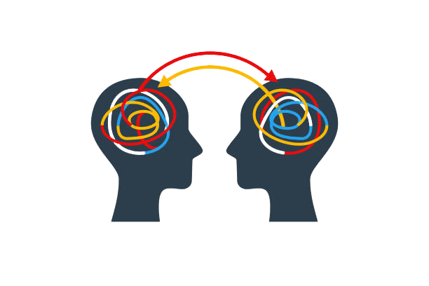 Two heads interconnected by wires for knowledge transfer.