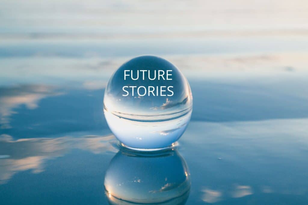 crystal ball that says "future stories" on it