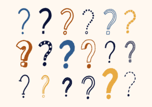 A curious display of question marks on a white background.