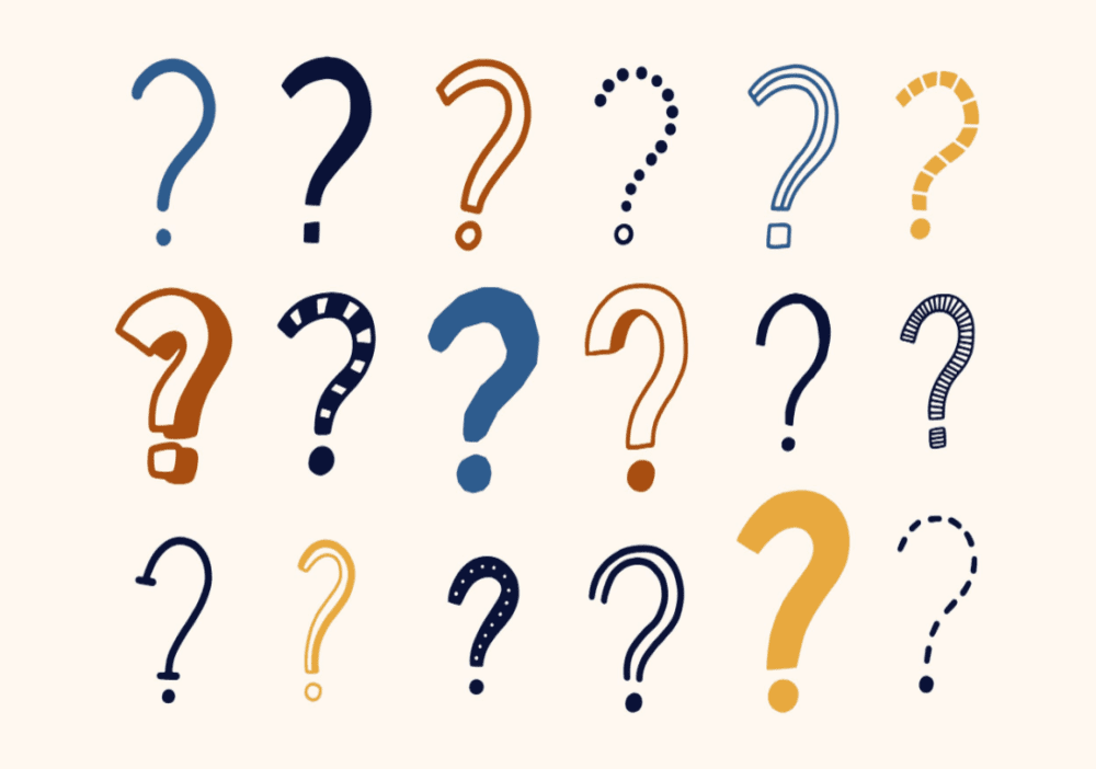 A curious display of question marks on a white background.