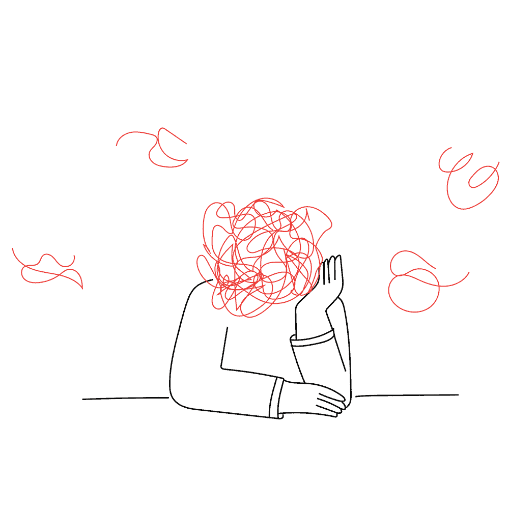 a drawing of a person sitting in front of a red background.