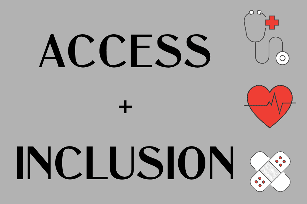 the words access and inclusion are shown in black on a gray background.