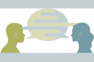 Two people leading with story, engaging in conversation with speech bubbles above them.