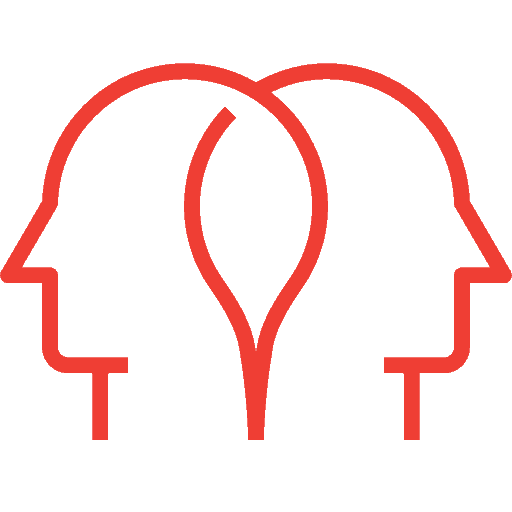 A red icon with two heads in the shape of a heart, representing the power of storytelling and its training.