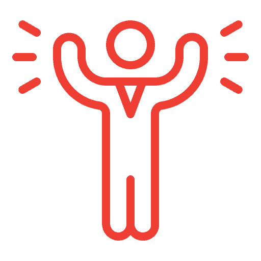 A red icon of a man with his arms raised, showcasing his storytelling skills.