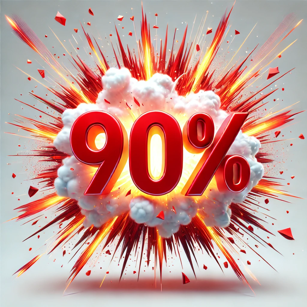 Text reading "90%" set against a background of an explosion with clouds and fragments.