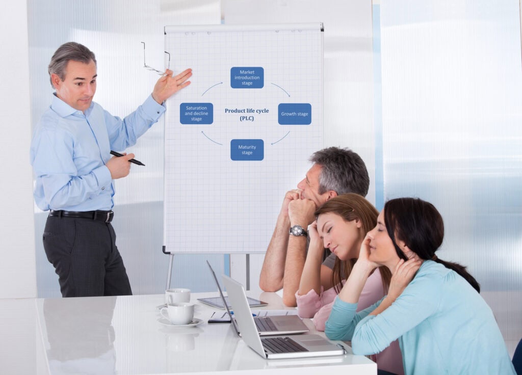 A man presents a product life cycle chart on a flipboard while three people appear bored at a conference table.