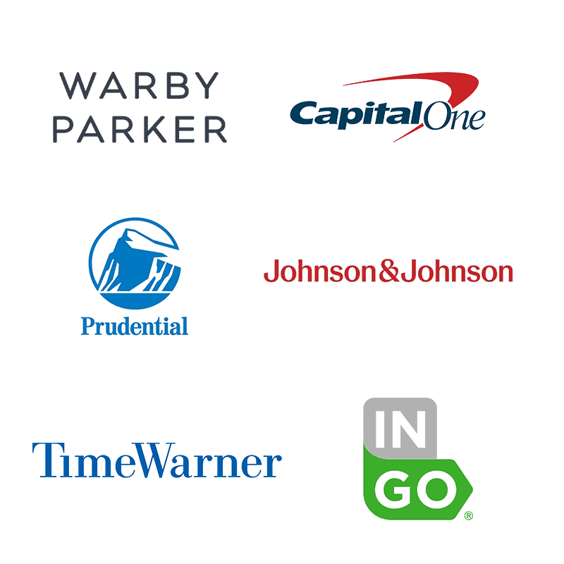 Logos of Warby Parker, Capital One, Prudential, Johnson & Johnson, TimeWarner, and InGo displayed on a white background.