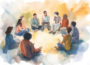 A diverse group of people sitting in a circle, engaged in discussion or meditation, with a colorful, abstract background.