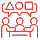 Three people sitting at a table, discussing geometric shapes: triangle, circle, and square, depicted by icons above them.