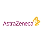 AstraZeneca logo featuring the company name in purple letters with a yellow abstract symbol on the right side.