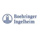 Boehringer Ingelheim logo featuring the company name in blue text next to a stylized round emblem with vertical bars and a triangular shape.