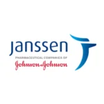 Logo of Janssen, with "Pharmaceutical Companies of Johnson & Johnson" below. Features blue lettering and a stylized blue emblem on the right.