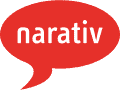 Red speech bubble with the word "narativ" in white lowercase letters inside.