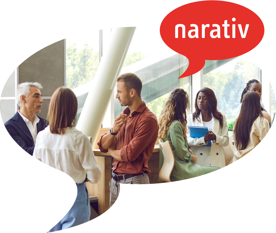 People conversing in a bright, modern setting with speech bubbles labeled "narativ" overhead.