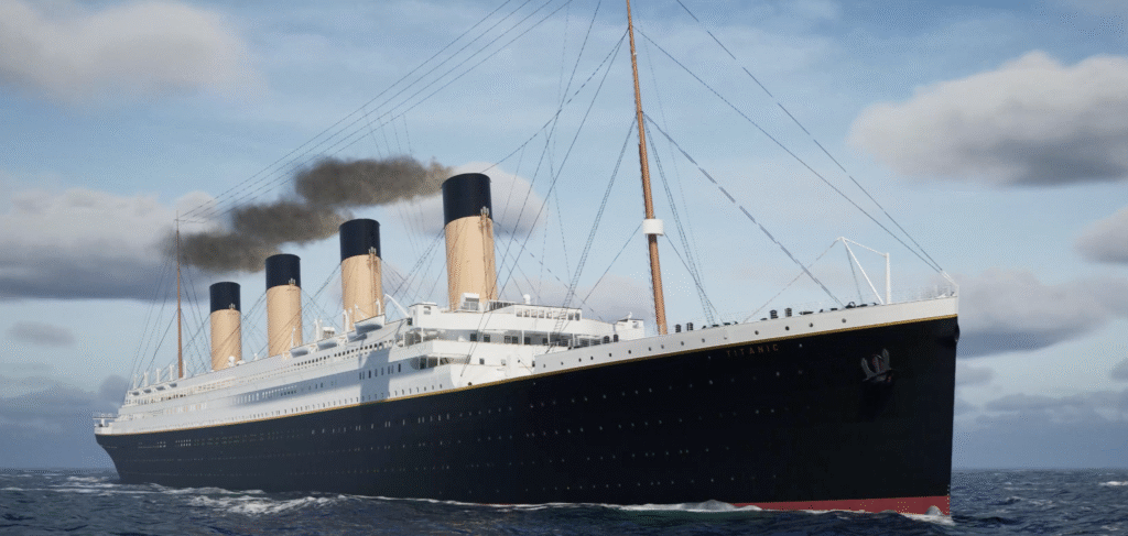 A large ocean liner with four smokestacks travels across the sea, emitting black smoke under a partly cloudy sky.