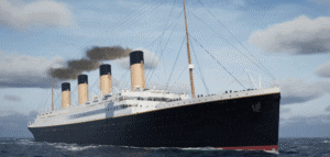 A large ocean liner with four smokestacks travels across the sea, emitting black smoke under a partly cloudy sky.