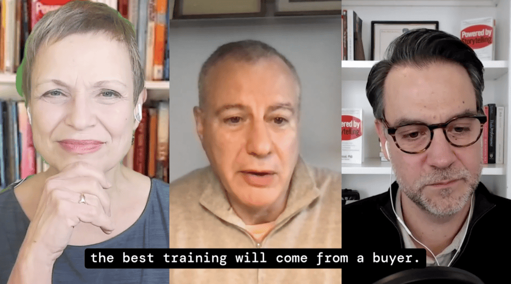 From Pressure to Purpose: Why the Future of Sales Depends on Storytelling, Listening, and Being the Buyer 4 Three people appear in a virtual meeting; the man in the center is speaking. Caption reads: "the best training will come from a buyer." Bookshelves are visible in the background.
