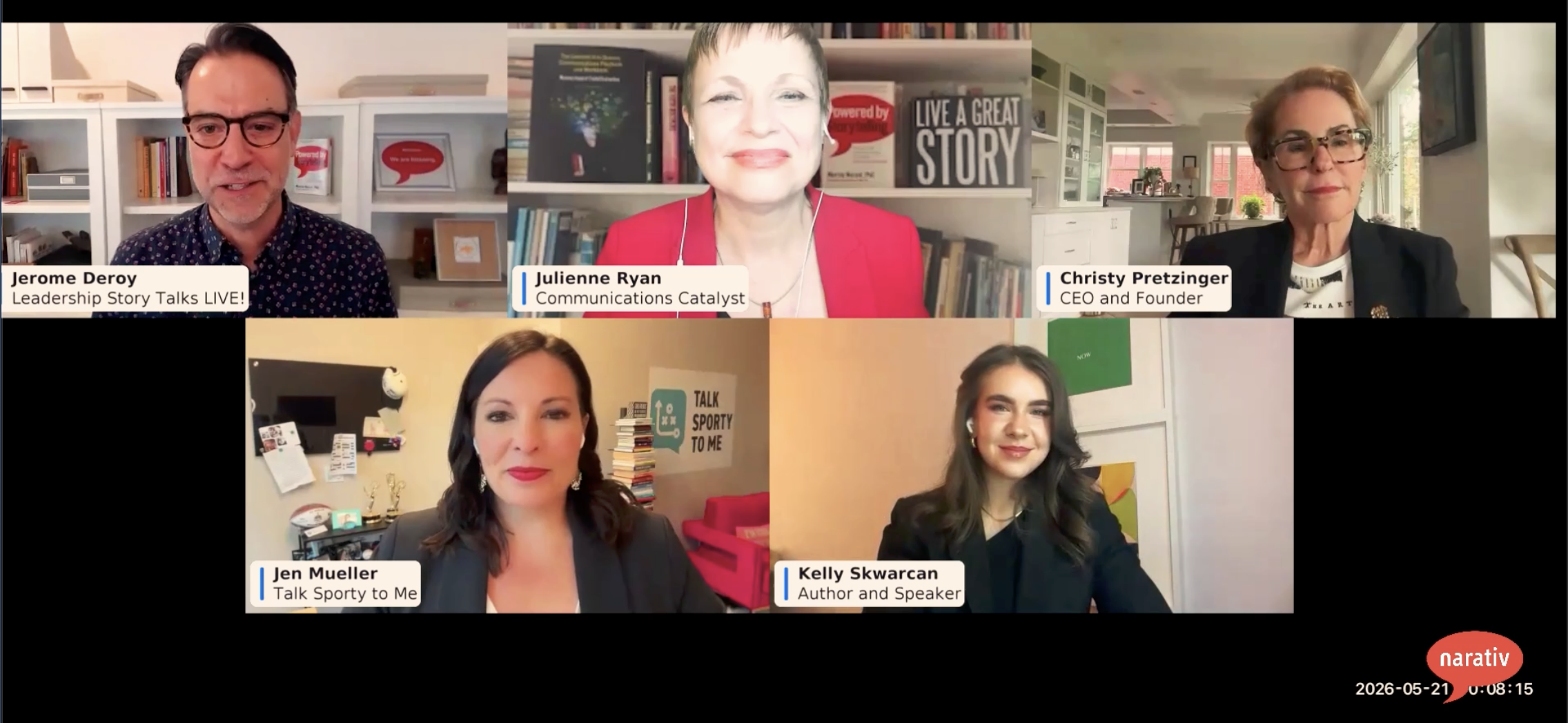 Stories That Shape Us: What Leadership Looks Like When We Tell the Truth 1 Screenshot of a virtual panel discussion with five participants, each in separate video frames, labeled with their names and professional titles.