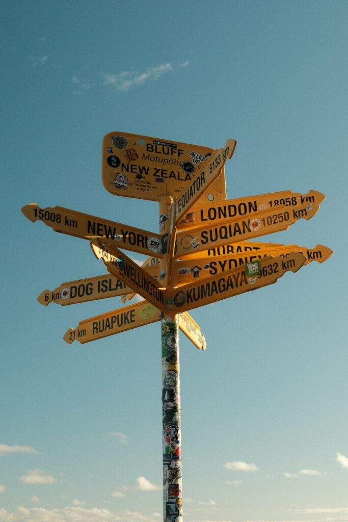 Jerome & Julienne Discuss Travel With Curiosity 2 Yellow directional signpost with global destinations and local destinations