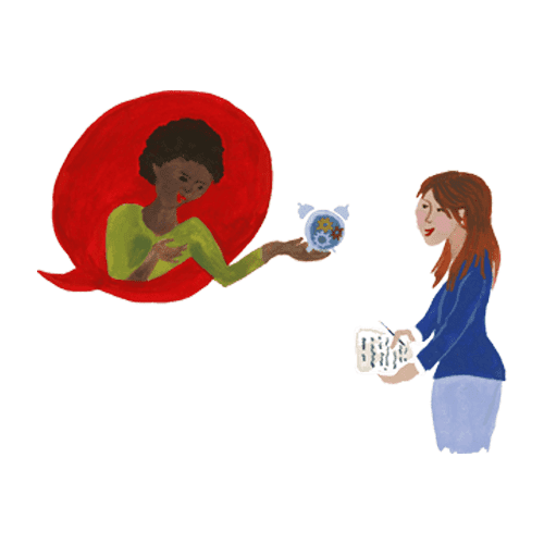 A woman's drawing with storytelling skills holding a cell phone.